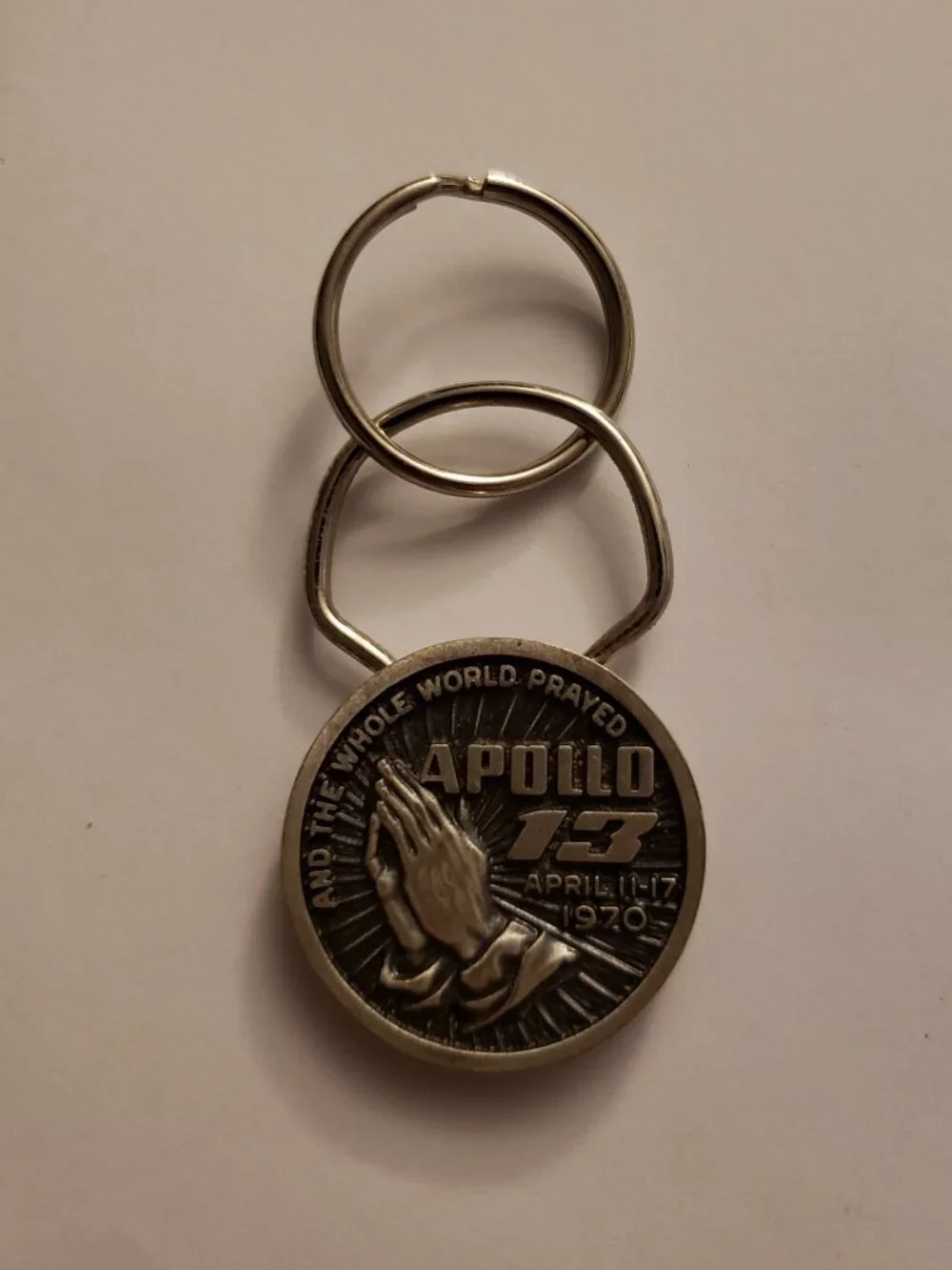 Vintage NASA Keychain Apollo 13 The Whole World Prayed Key Ring 1970 Ephemera